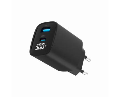 Мережевий ЗП Gembird TA-UC-PDQC30LCD-BK-01, 1 USB-A (QC3.0 18W) + 1 Type-C (PD20W), LCD, чорний