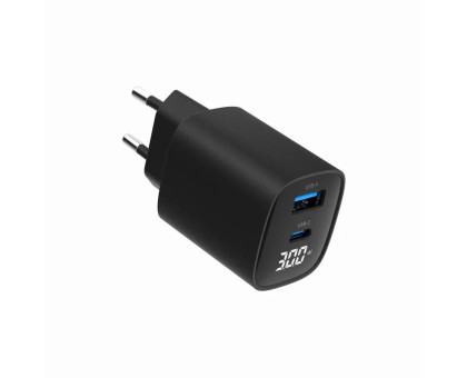 Мережевий ЗП Gembird TA-UC-PDQC30LCD-BK-01, 1 USB-A (QC3.0 18W) + 1 Type-C (PD20W), LCD, чорний