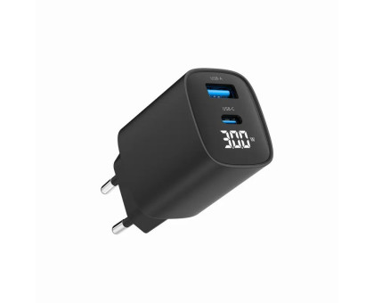 Мережевий ЗП Gembird TA-UC-PDQC30LCD-BK-01, 1 USB-A (QC3.0 18W) + 1 Type-C (PD20W), LCD, чорний