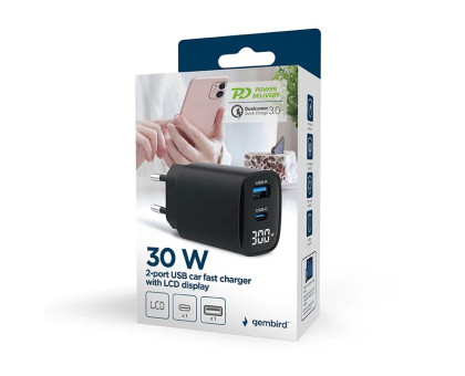 Мережевий ЗП Gembird TA-UC-PDQC30LCD-BK-01, 1 USB-A (QC3.0 18W) + 1 Type-C (PD20W), LCD, чорний