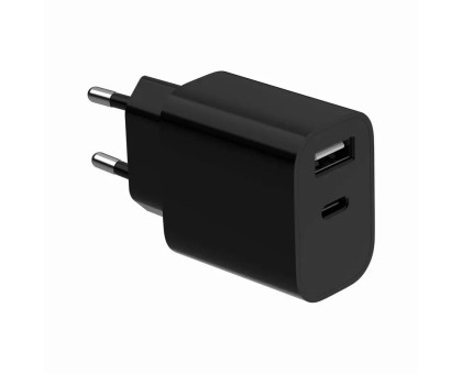 Мережевий зарадний пристрій Gembird TA-UC-2AC12-01-BK, 1xUSB-A+1xUSB-C 5V/2.4A (12W), чорний