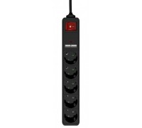 Сетевой удлинитель Energenie SPG5-U2-5-02, черный, 1.5 м кабель, 5 розеток, USB зарядка 2 А