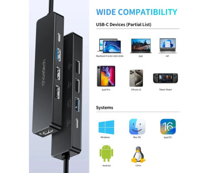 Адаптер Choetech HUB-M80-BK, USB Type-C 5-в-1