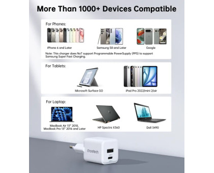 Мережевий зарядний пристрій Choetech PD5012-EU-WH, USB-A/USB-С