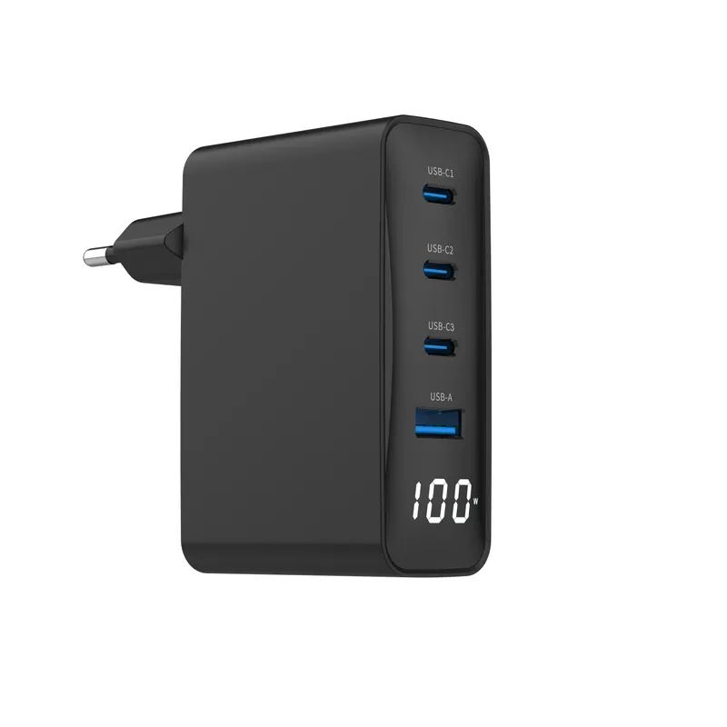 Мережевий зарядний пристрій Gembird TA-UC-PDQC100LCD-01-BK 1xUSB-A (QC3.0 30W)+3xType-C (PD 100W), чорний